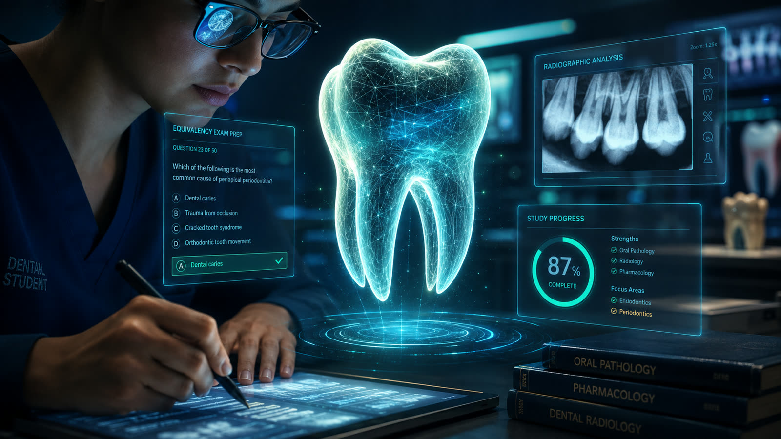 Dental student reviewing a holographic 3D tooth model, an AI radiographic analysis panel, and exam study progress on ITD SkillCheck