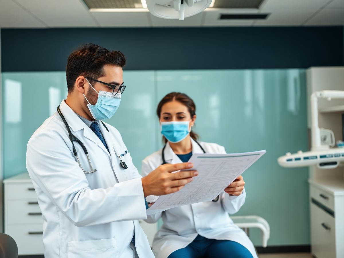 Two dentists reviewing a patient case chart in a clinic
