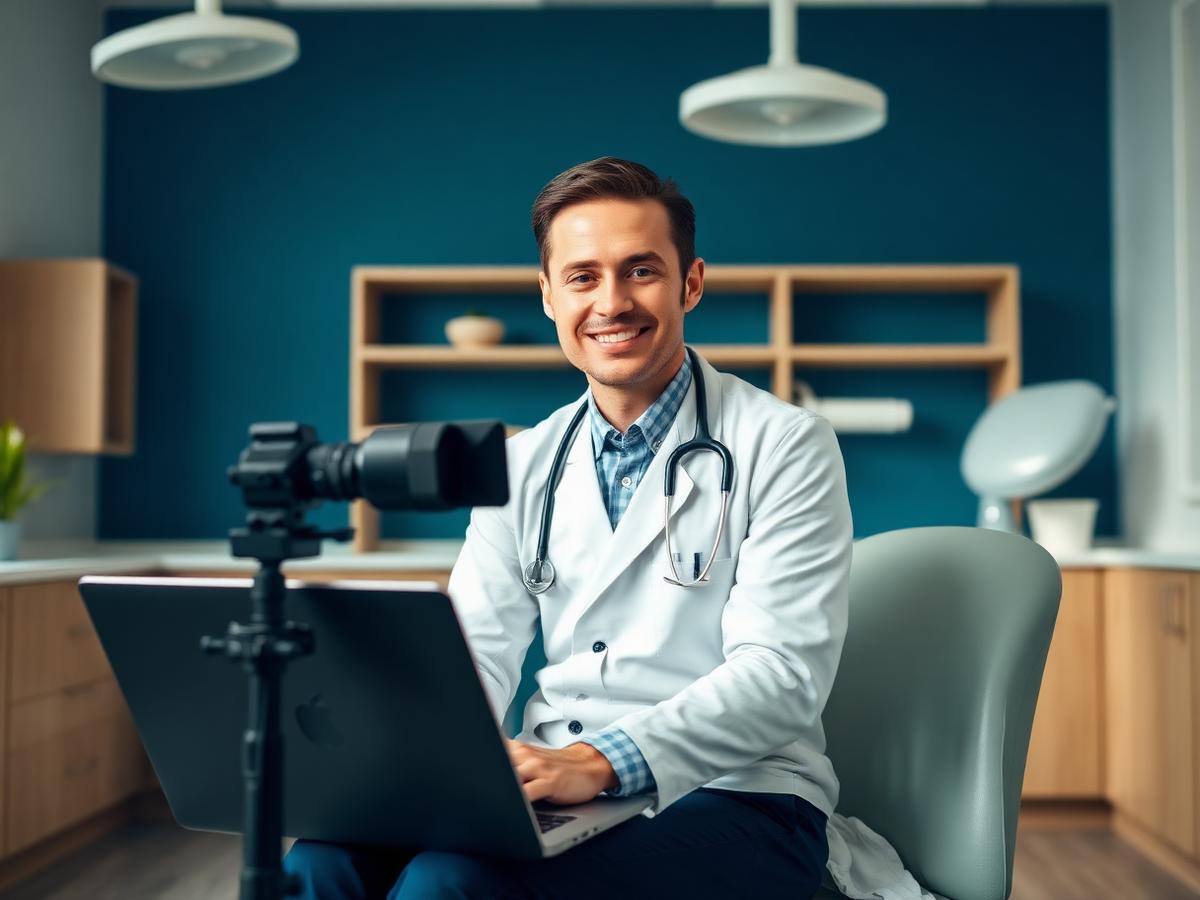 Dentist practising a recorded video interview at a laptop
