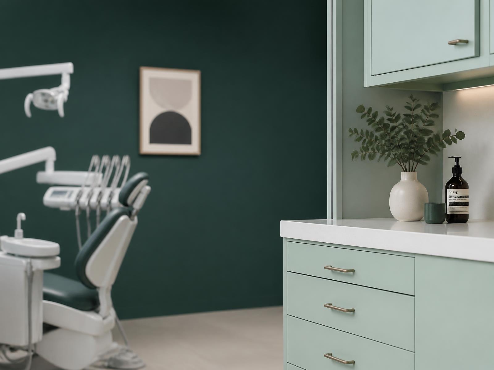 Interior of a modern dental operatory with teal walls and mint cabinetry